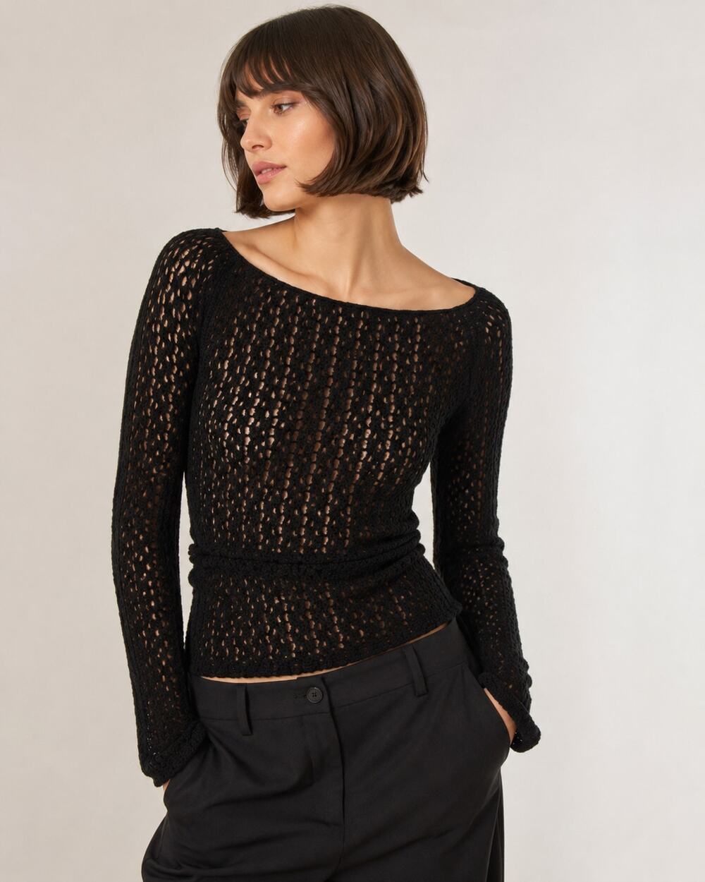 ASTR The Label Black Open Knit Sweater XL Sheer Boat Neck Stretch Top NWT